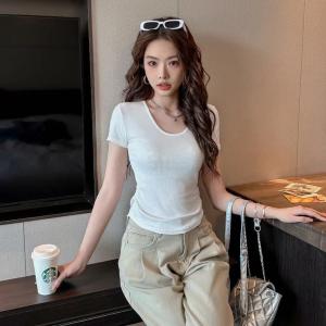 有只绵 鹅蛋U领纯色短袖T恤女