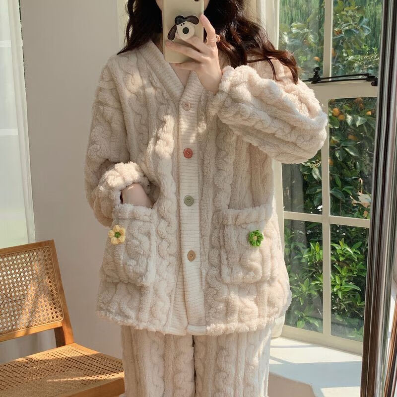 诗莉奥 女士珊瑚绒毛毛睡衣套装